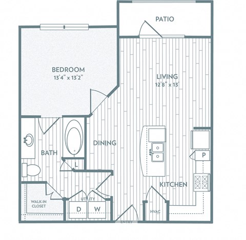Floor plan for 1 bed, 1 bath, 723 sqft